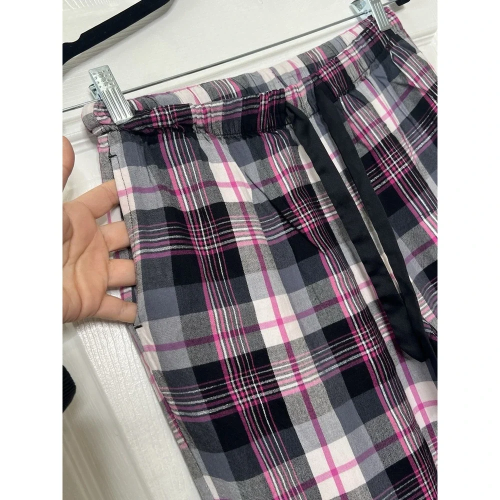 Victorias Secret 2PC Flannel Plaid Long Sleeve ButtonUp Shirt Pants Pink Black S